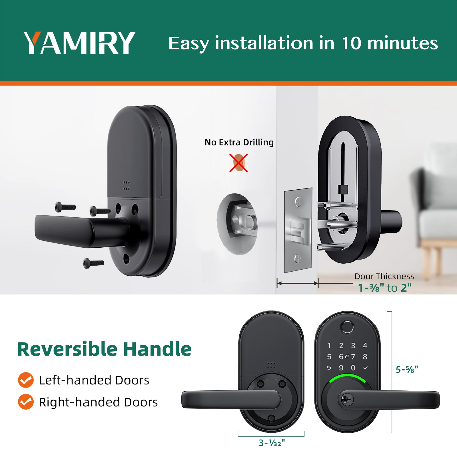 Yamiry Smart Door Handle Lock with Keypad YR01 -Fingerprint Bluetooth Smart Lock - Keyless Entry Door Lock for Front Door - Digital Door Lock ith APP- DIY Installation