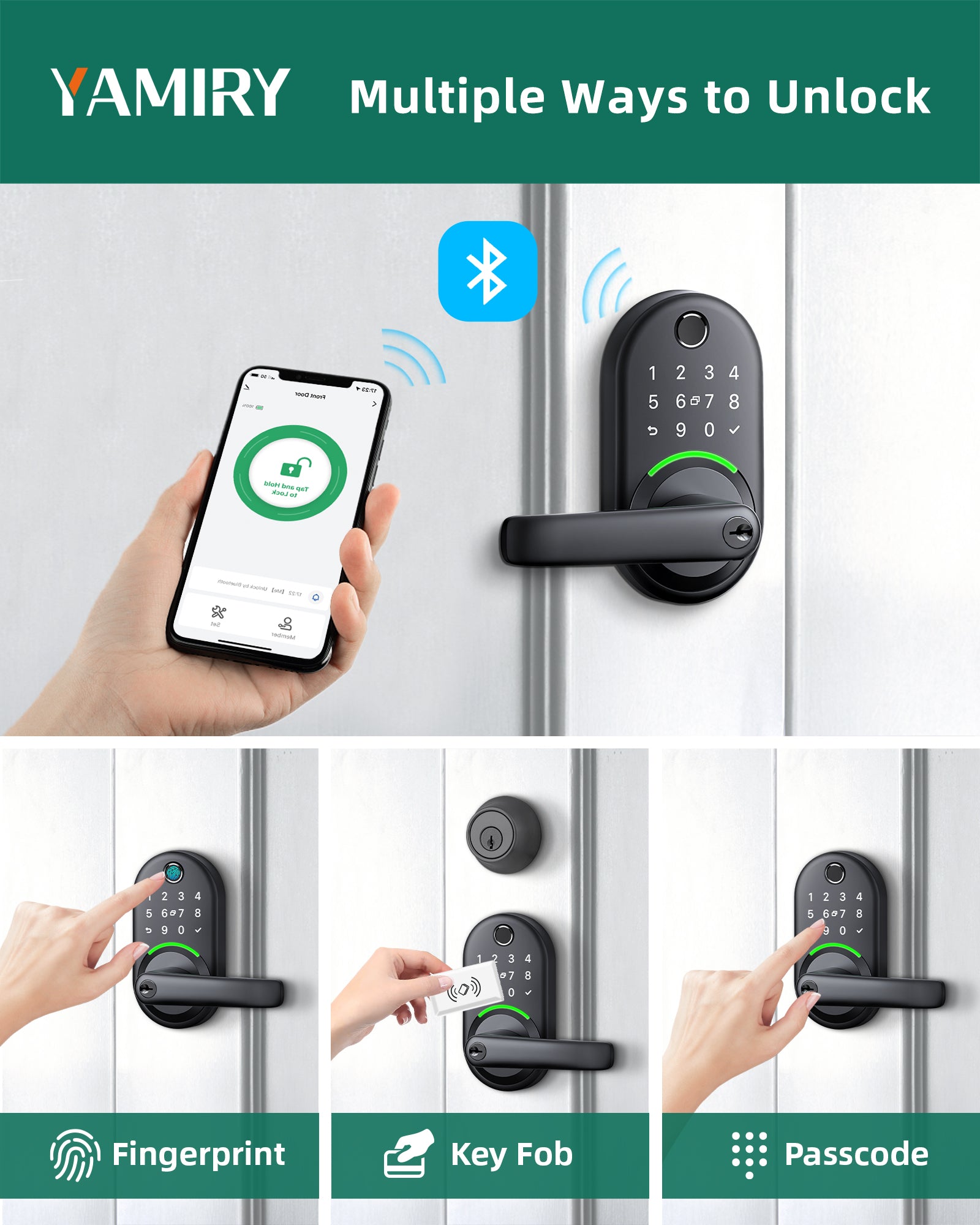 Yamiry Smart Door Handle Lock with Keypad YR01 -Fingerprint Bluetooth Smart Lock - Keyless Entry Door Lock for Front Door - Digital Door Lock ith APP- DIY Installation