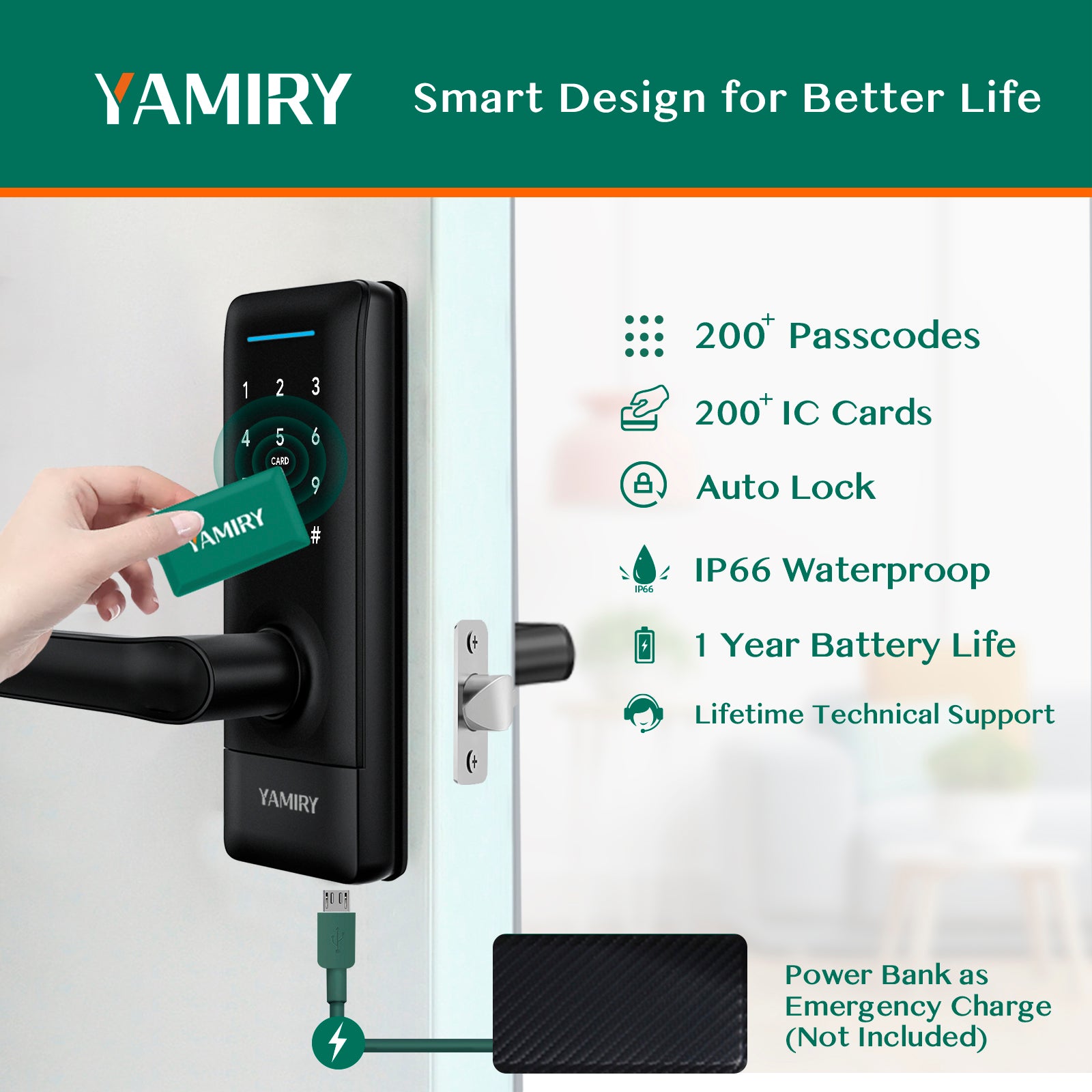 Smart Lock, Yamiry Keyless Entry Smart Door Lock for Front Door, Digital Keypad Door Lock with Handle, Electronic Auto Door Lock, IP66 Weatherproofing-Easy Install-Ideal for Home, Apartment, Office